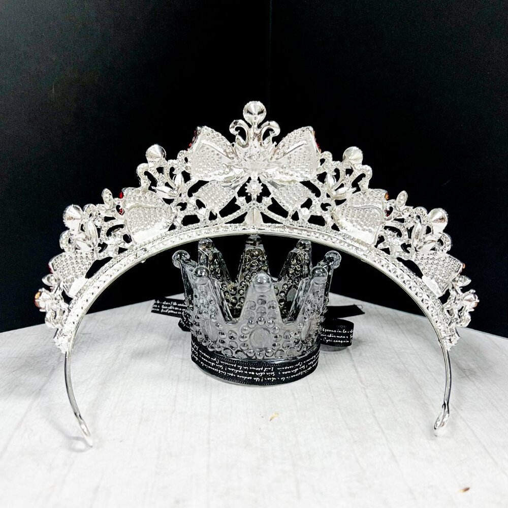 Vintage silver Crown, Red bow tiara, Classic wedding Crown, Crystal Crown Tiara - Picture 5 of 10
